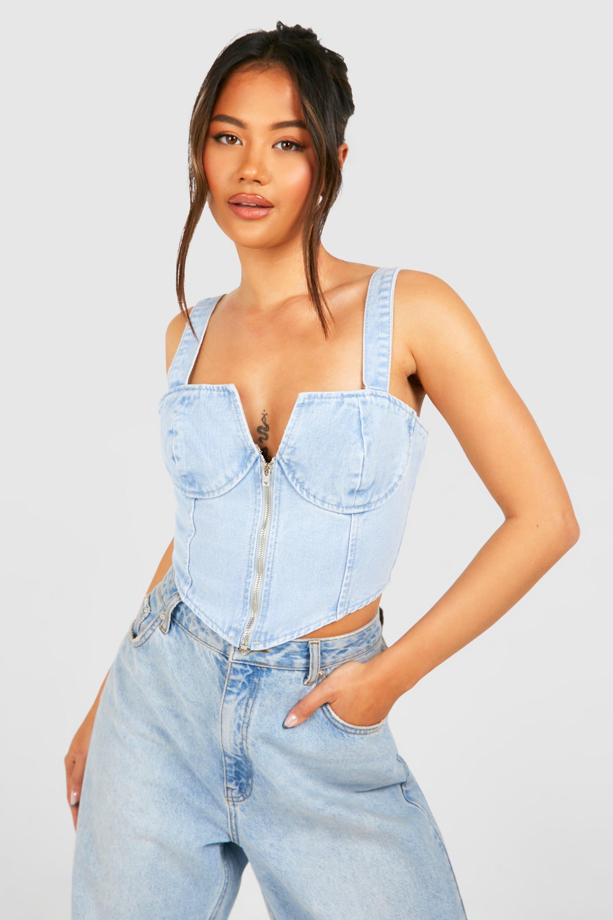 Womens Zip Up Denim Corset Top - Blue - 12, Blue